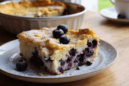 Slice of blueberry cottage cheese breakfast bake with powdered sugar and fresh blueberries on top.