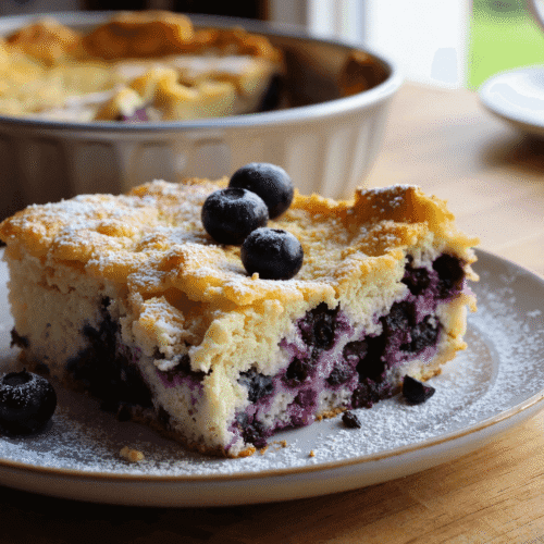 Slice of blueberry cottage cheese breakfast bake with powdered sugar and fresh blueberries on top.