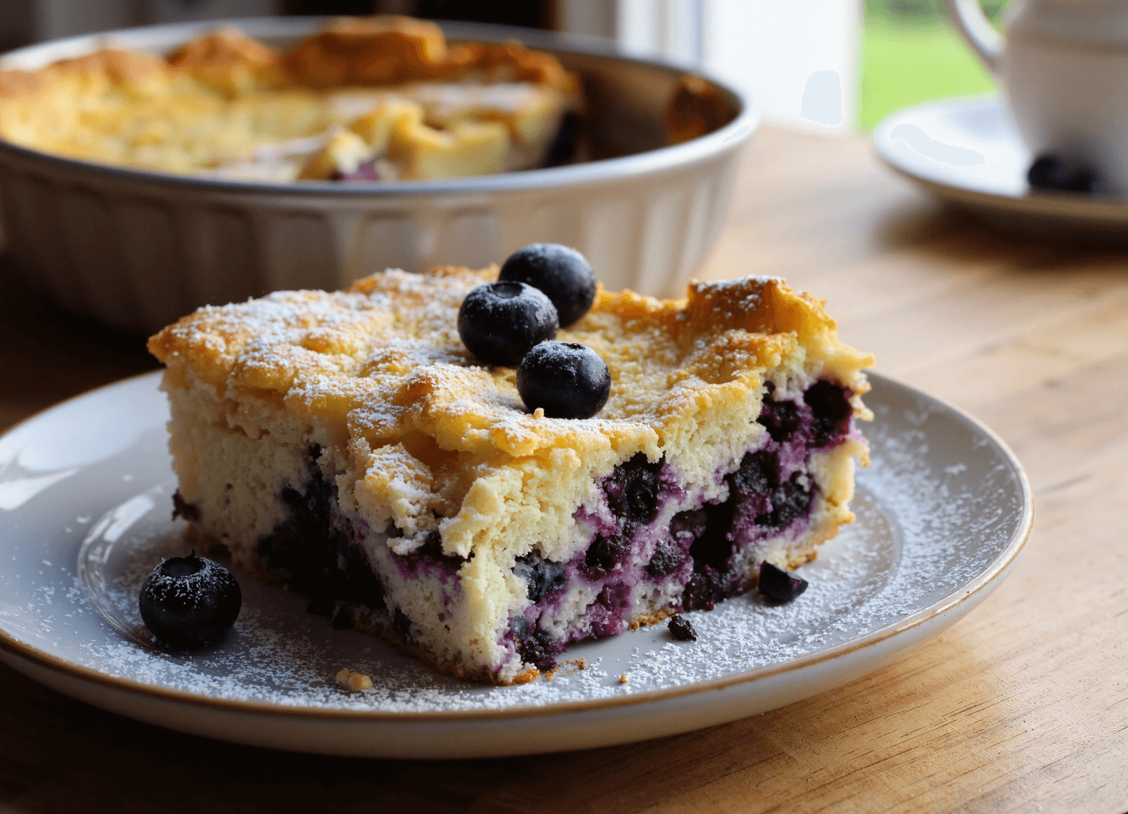 Slice of blueberry cottage cheese breakfast bake with powdered sugar and fresh blueberries on top.