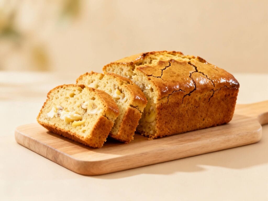 High protein cottage cheese banana bread sliced on a wooden board, showing moist texture and creamy pockets of cottage cheese.
