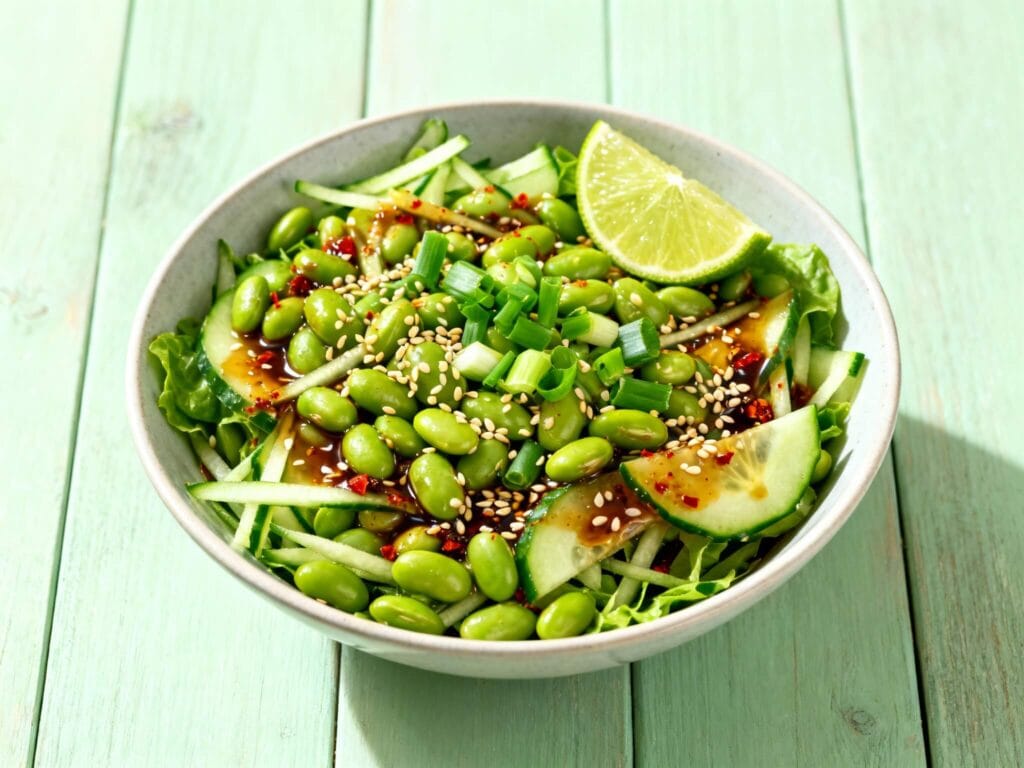 High protein cucumber edamame salad with soy chili dressing, sesame seeds, and lime in a ceramic bowl on green wood table.