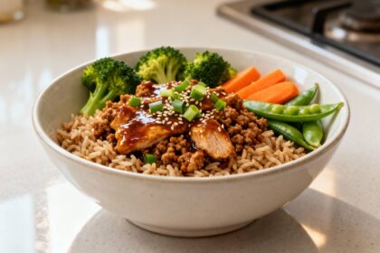 High-protein ground turkey teriyaki rice bowl with fresh vegetables and sesame seed garnish.