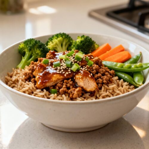 High-protein ground turkey teriyaki rice bowl with fresh vegetables and sesame seed garnish.