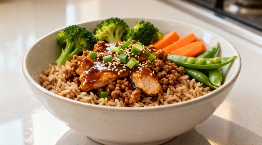 High-protein ground turkey teriyaki rice bowl with fresh vegetables and sesame seed garnish.