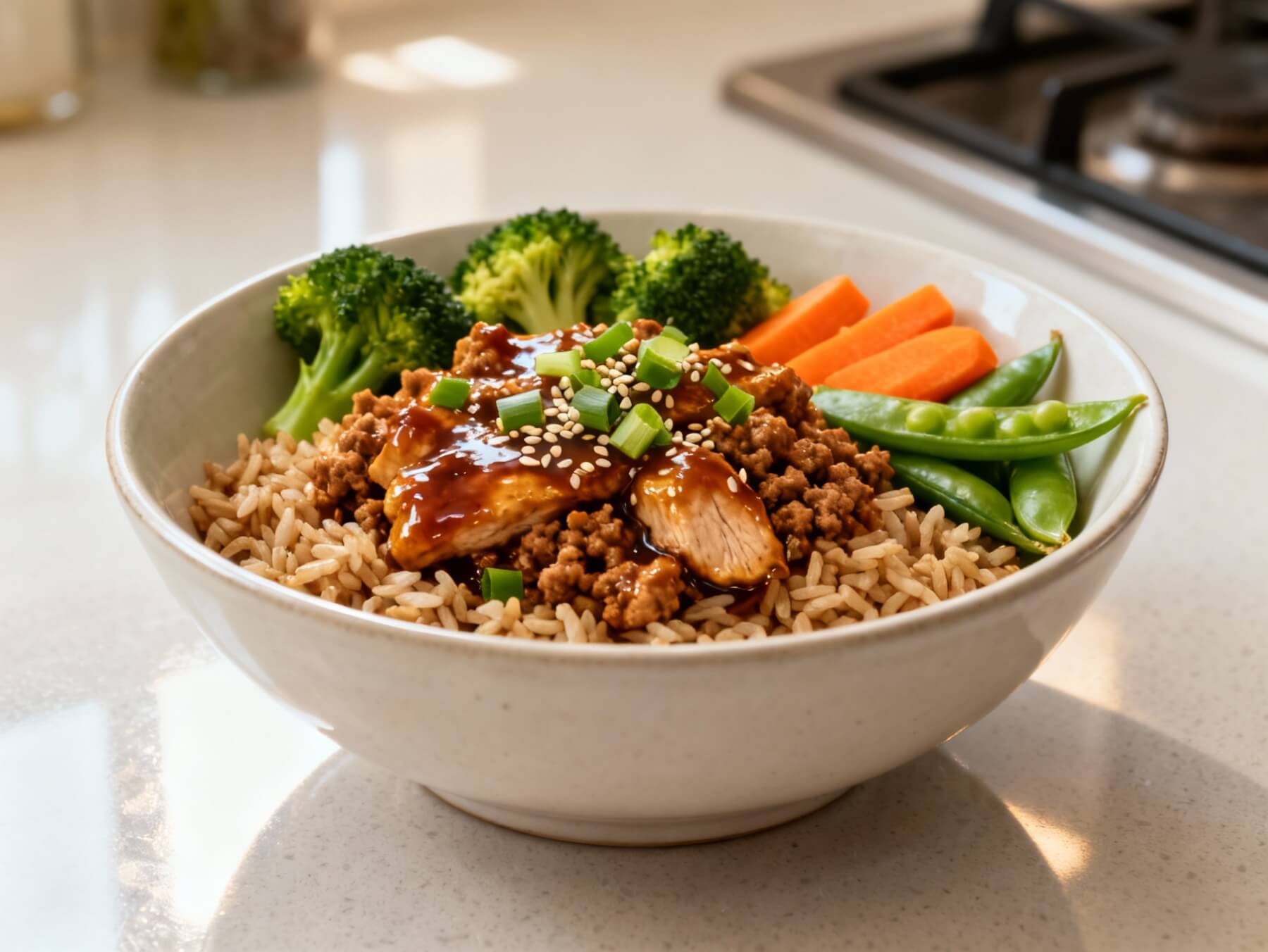 High-protein ground turkey teriyaki rice bowl with fresh vegetables and sesame seed garnish.