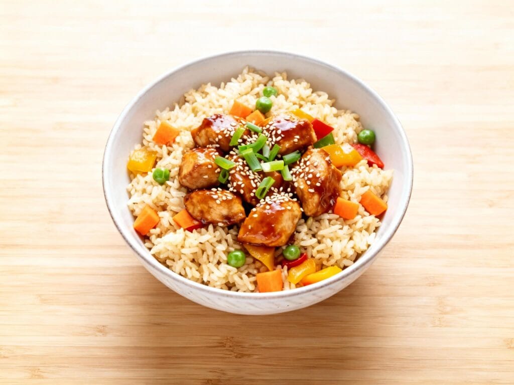 Bowl of honey garlic chicken fried rice with colorful vegetables, sesame seeds, and sweet garlic glaze.