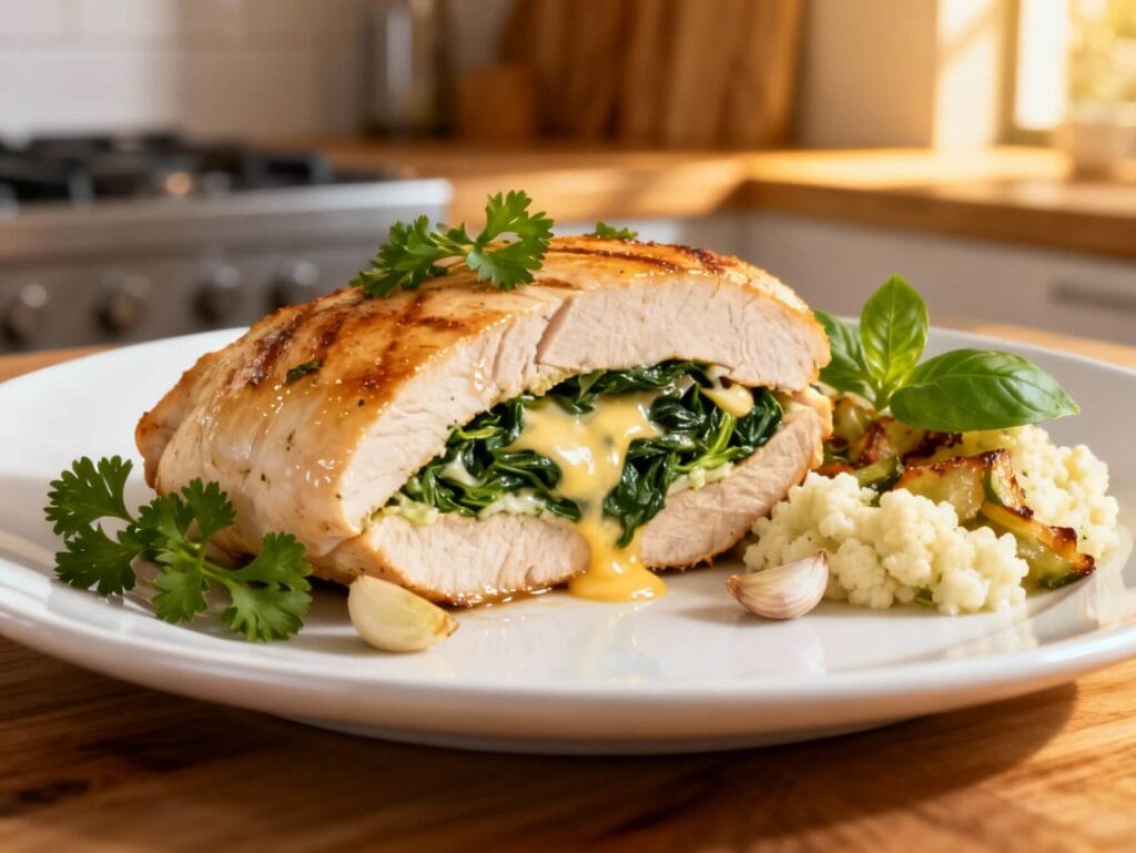 Juicy stuffed chicken breast filled with spinach and melted cheese served with roasted cauliflower and herbs.