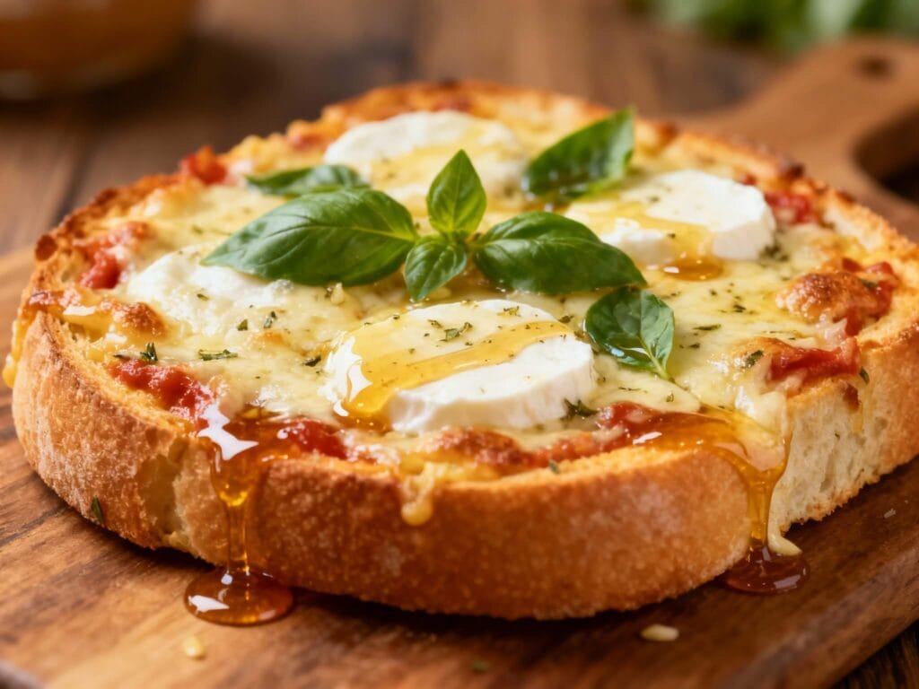 Honey garlic bread pizza topped with melted cheese, fresh basil, and sweet honey drizzle over golden toasted bread.