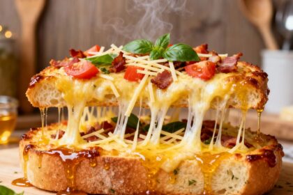 Cheesy honey garlic bread pizza with bacon, tomato, parmesan, basil, and honey dripping over toasted bread slices.