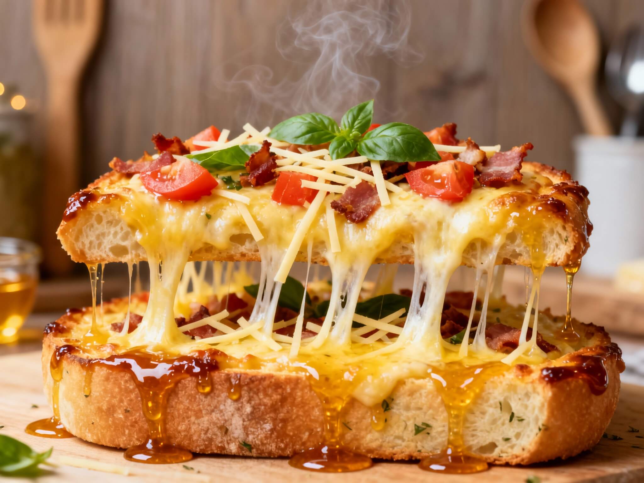 Cheesy honey garlic bread pizza with bacon, tomato, parmesan, basil, and honey dripping over toasted bread slices.