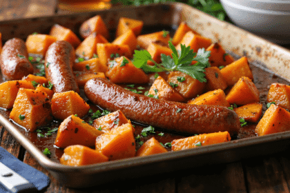 Whole sausages roasted with sweet potatoes on a sheet pan topped with honey garlic glaze and fresh parsley.