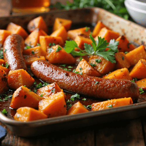 Whole sausages roasted with sweet potatoes on a sheet pan topped with honey garlic glaze and fresh parsley.
