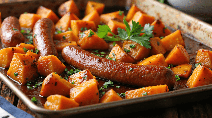 Whole sausages roasted with sweet potatoes on a sheet pan topped with honey garlic glaze and fresh parsley.