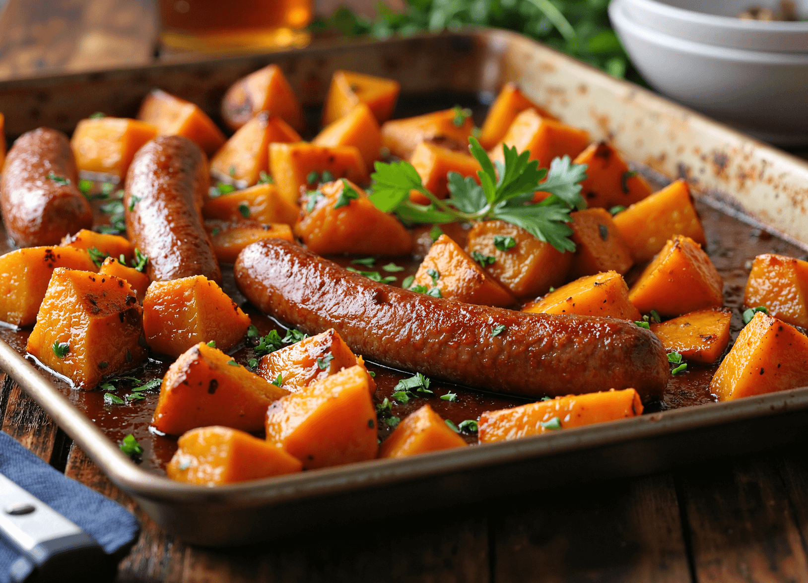 Whole sausages roasted with sweet potatoes on a sheet pan topped with honey garlic glaze and fresh parsley.