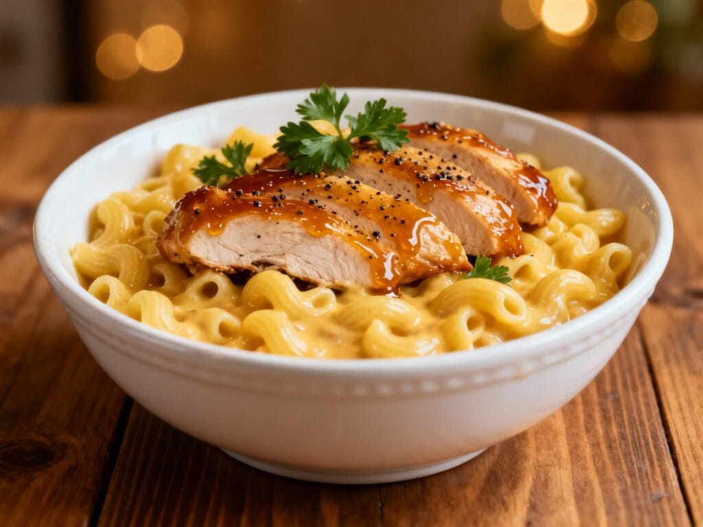 Sliced honey pepper chicken served over cheesy pasta in a white bowl.