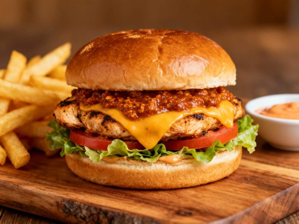 Smoky chipotle chicken burger with cheddar cheese, lettuce, tomato, and chipotle sauce served with crispy French fries.