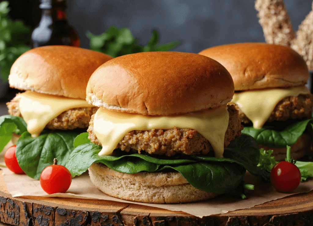Three spinach chicken burgers with melted white cheddar and fresh spinach leaves on soft golden buns.