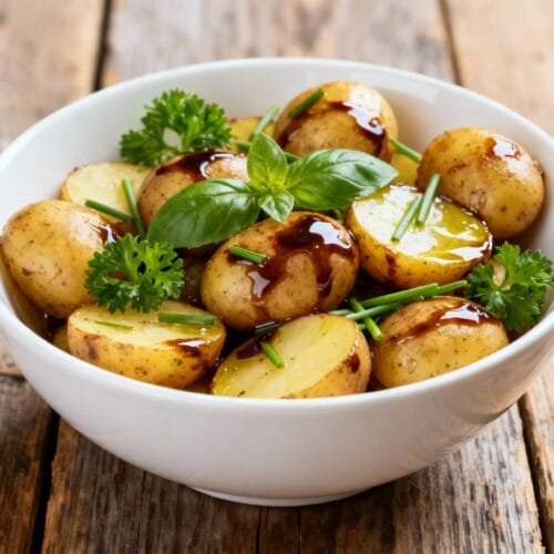 Mayo-free balsamic potato salad with golden potatoes, olive oil drizzle, and basil garnish in a white ceramic bowl.