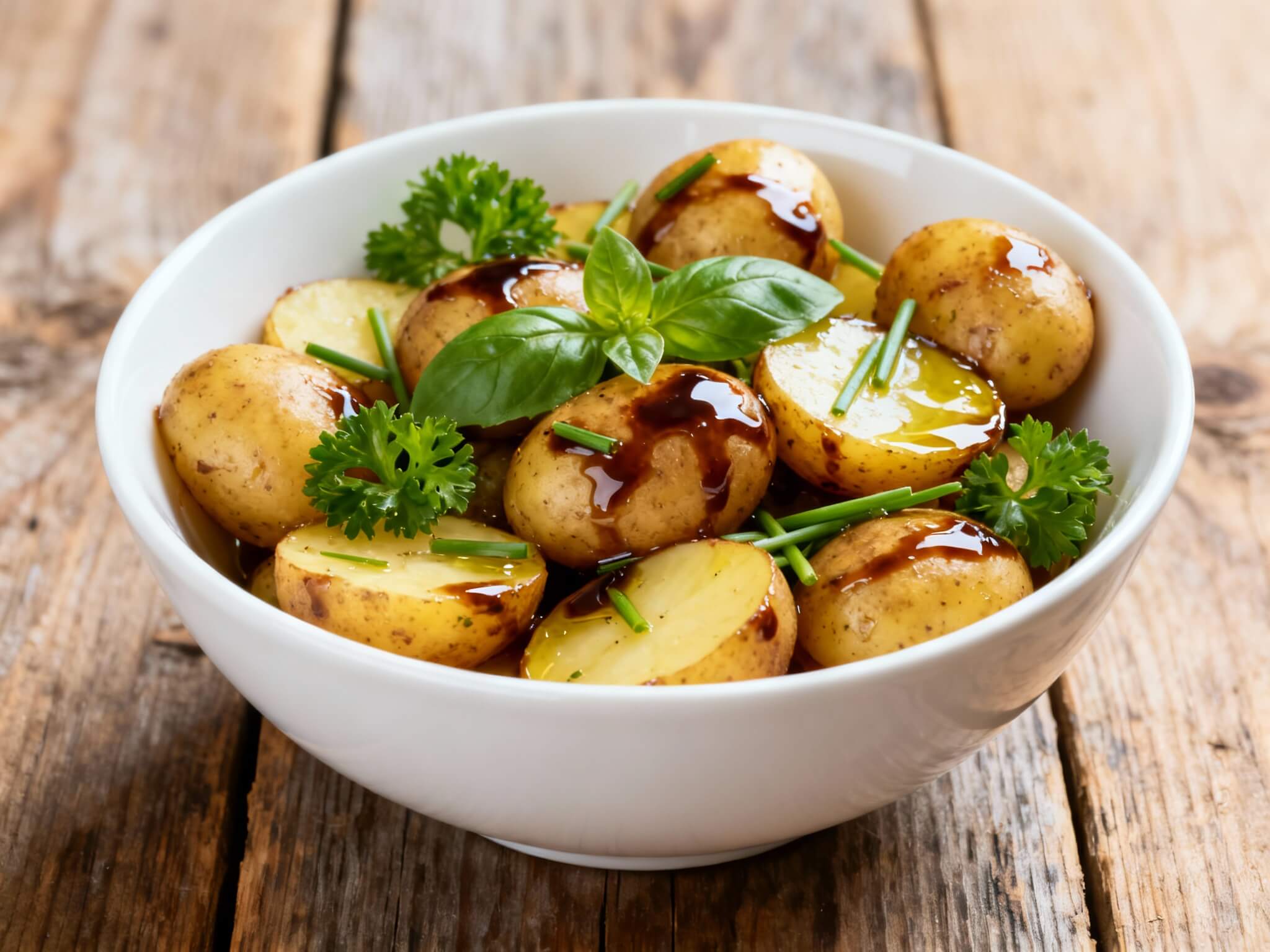 Mayo-free balsamic potato salad with golden potatoes, olive oil drizzle, and basil garnish in a white ceramic bowl.