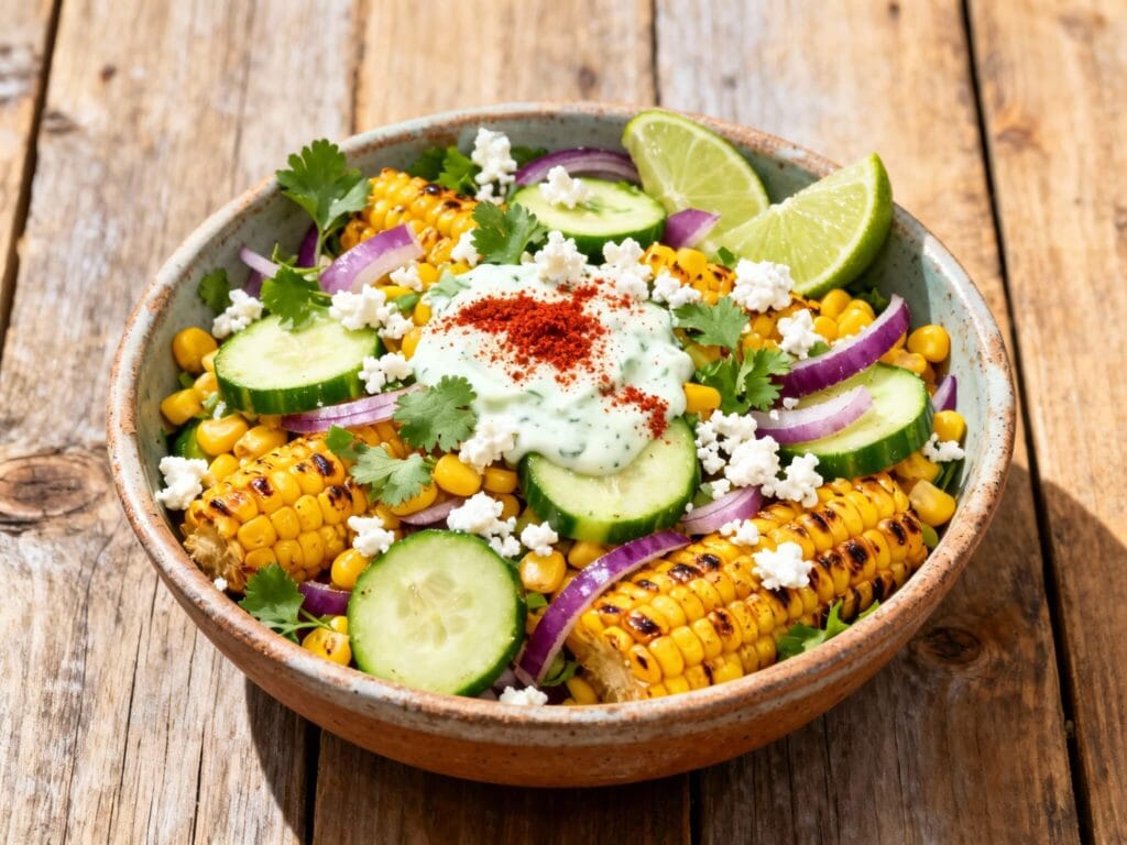 Colorful cucumber corn salad with grilled corn, cotija cheese, red onions, cilantro, and a dollop of creamy lime dressing.