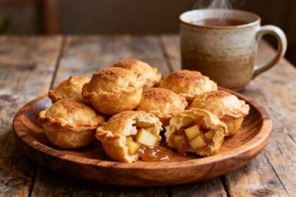 Mini apple pie dessert bites with flaky crust and cinnamon sugar served on a wooden plate with hot tea.