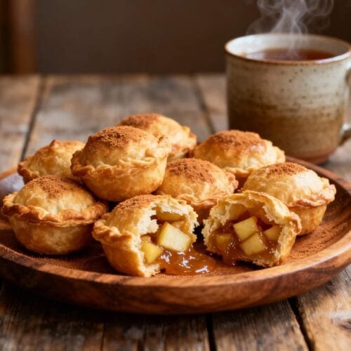 Mini apple pie dessert bites with flaky crust and cinnamon sugar served on a wooden plate with hot tea.