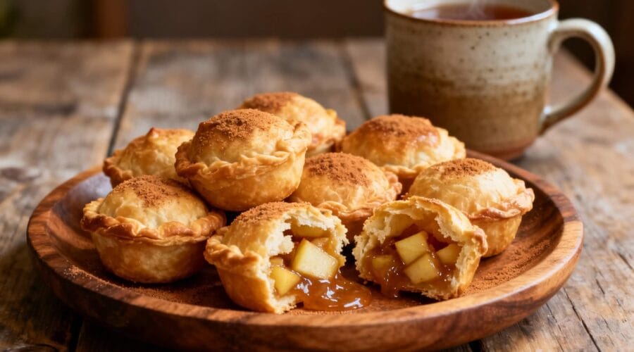 Mini apple pie dessert bites with flaky crust and cinnamon sugar served on a wooden plate with hot tea.