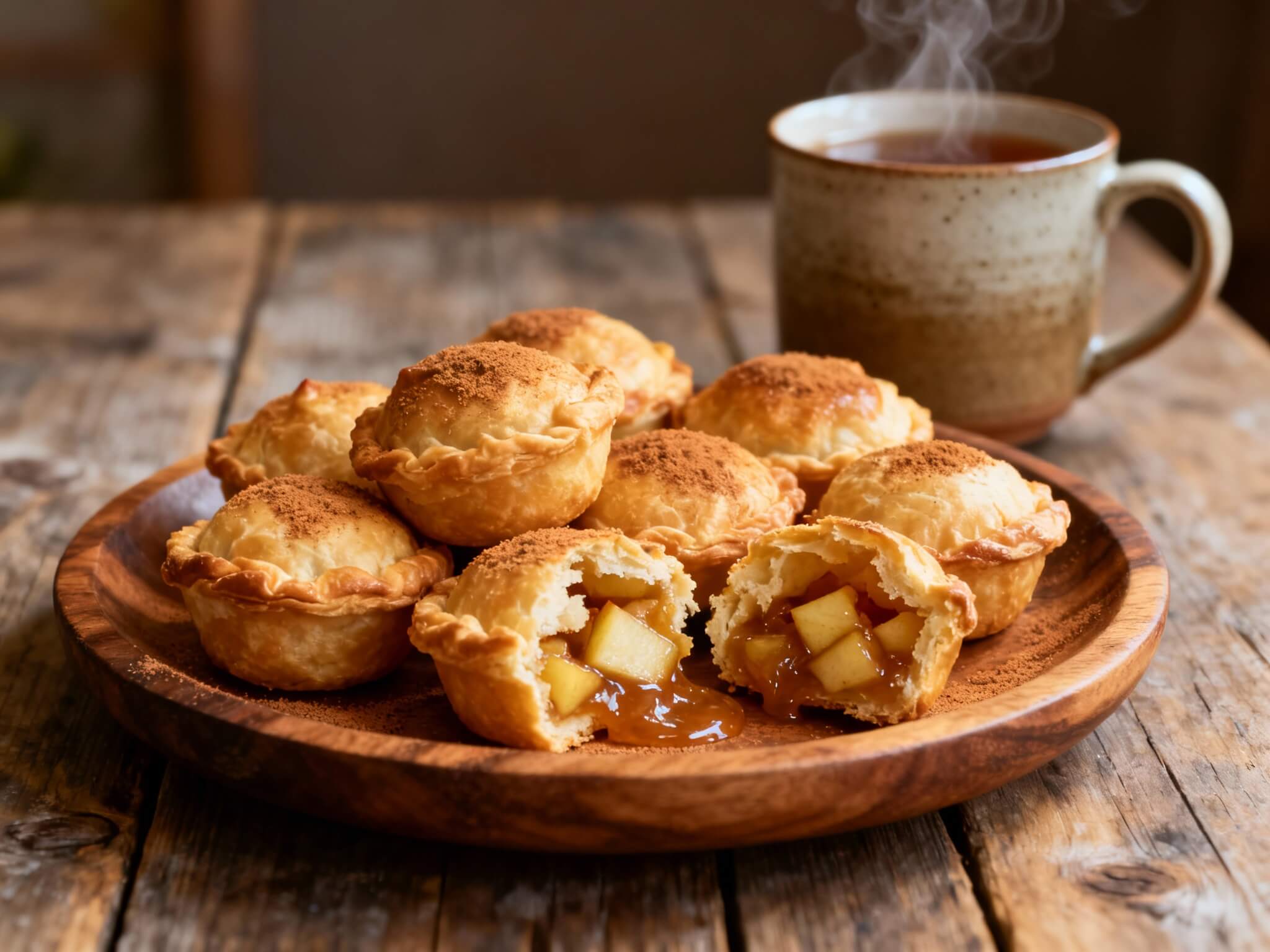 Mini apple pie dessert bites with flaky crust and cinnamon sugar served on a wooden plate with hot tea.