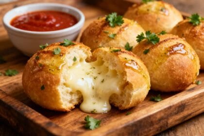 Pull-apart garlic bread balls stuffed with melted mozzarella and garnished with fresh parsley.