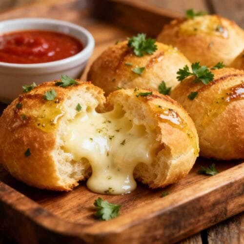 Pull-apart garlic bread balls stuffed with melted mozzarella and garnished with fresh parsley.