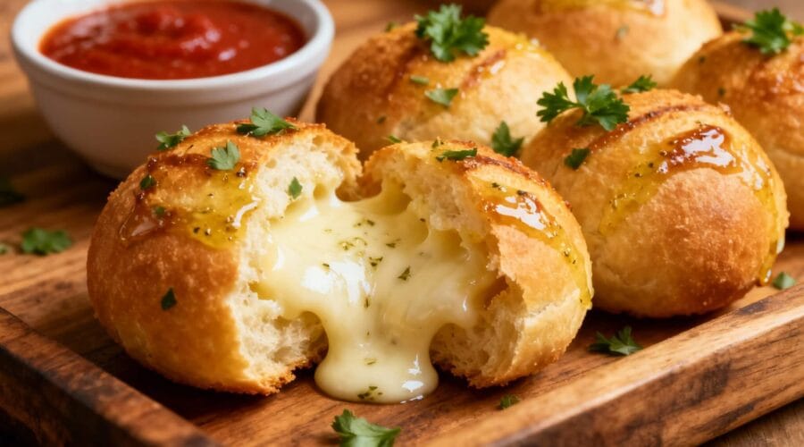 Pull-apart garlic bread balls stuffed with melted mozzarella and garnished with fresh parsley.