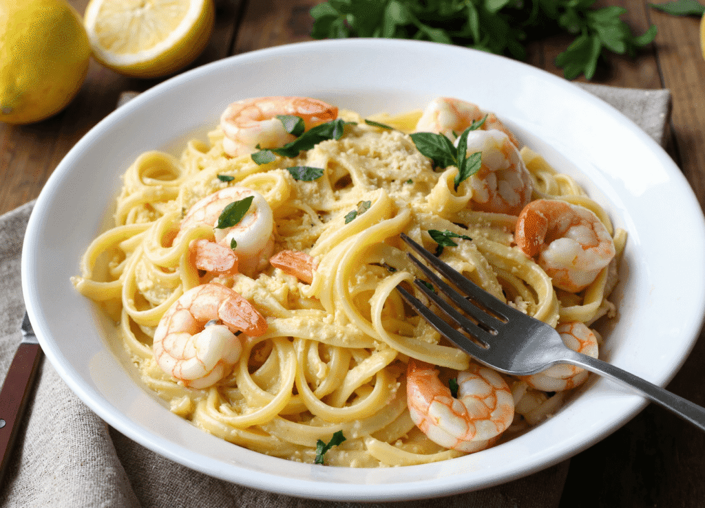 Creamy garlic butter shrimp pasta with parmesan and lemon served in a white bowl.