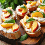 Peach bruschetta topped with whipped ricotta, honey, and basil leaves on toasted baguette slices.