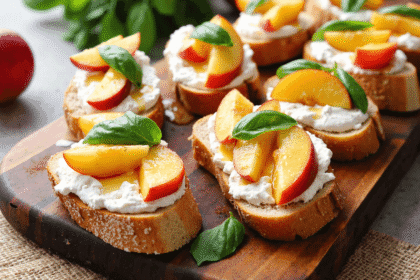 Peach bruschetta topped with whipped ricotta, honey, and basil leaves on toasted baguette slices.