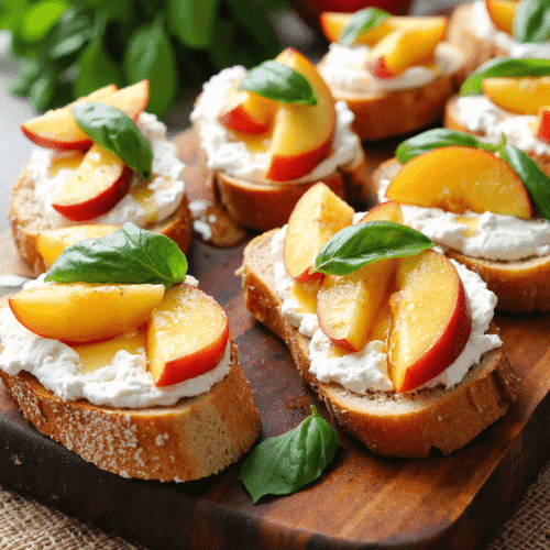 Peach bruschetta topped with whipped ricotta, honey, and basil leaves on toasted baguette slices.