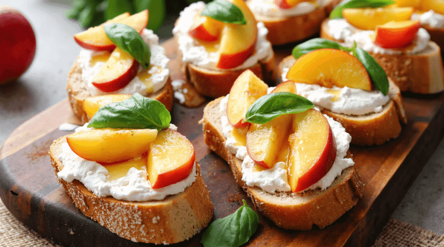 Peach bruschetta topped with whipped ricotta, honey, and basil leaves on toasted baguette slices.