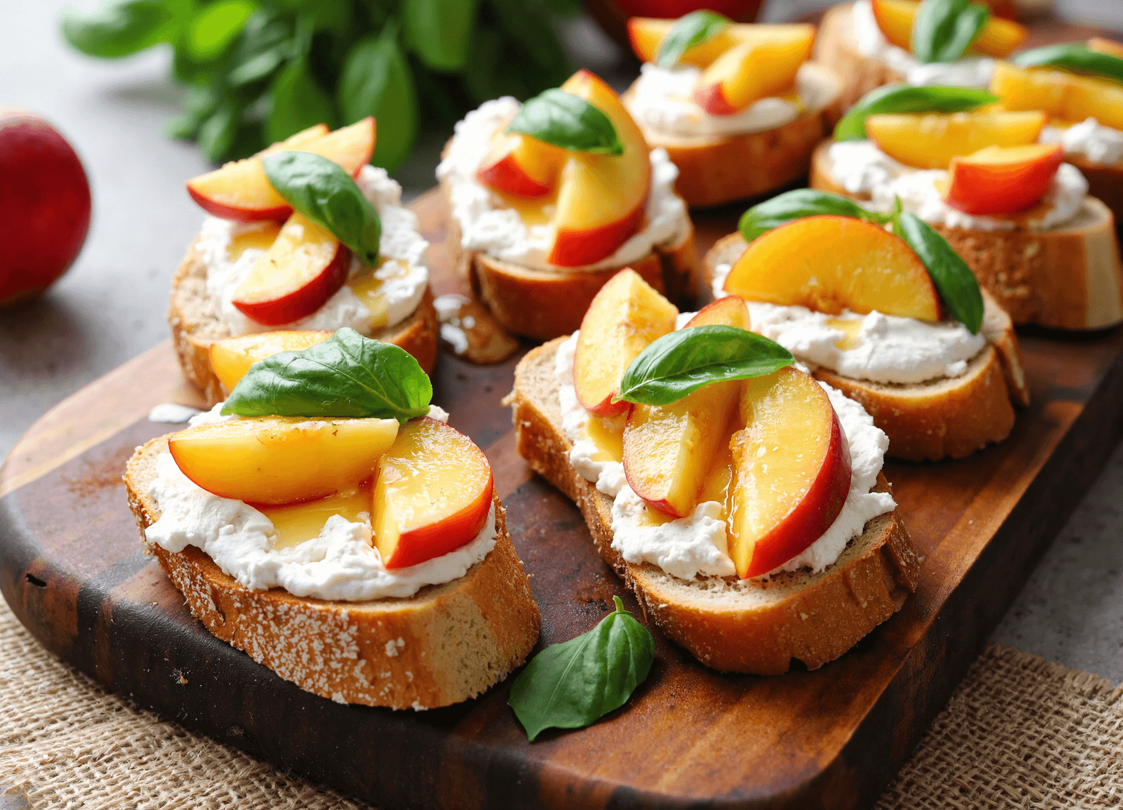 Peach bruschetta topped with whipped ricotta, honey, and basil leaves on toasted baguette slices.