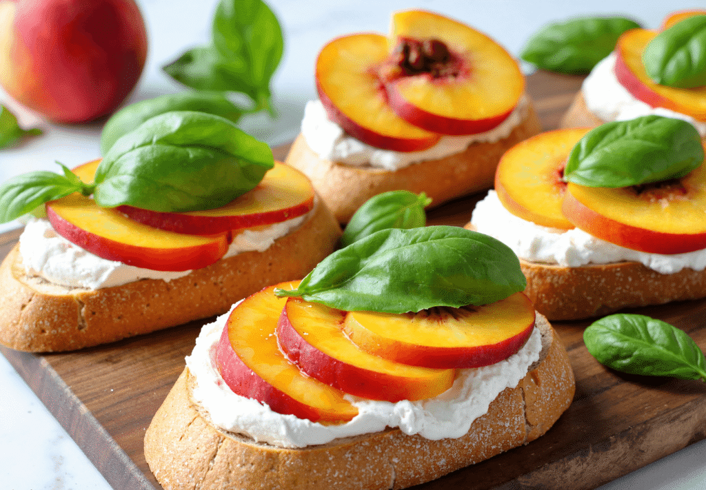 Summer peach bruschetta with creamy ricotta, basil, and honey on rustic baguette slices.