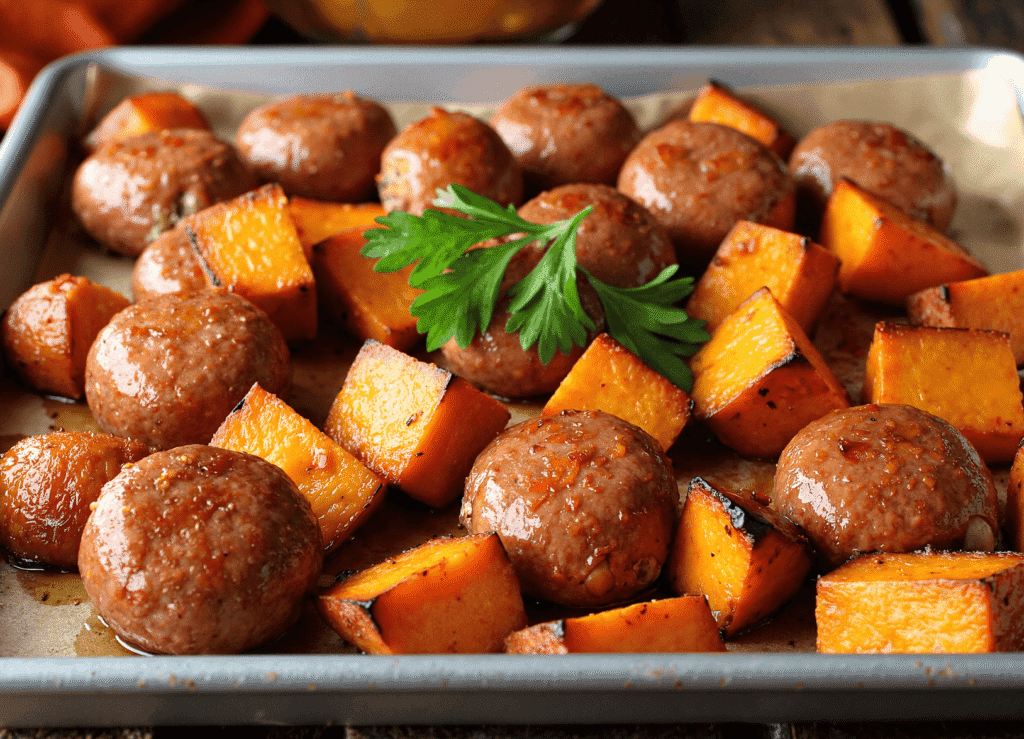 Roasted sausage bites with caramelized sweet potatoes on a sheet pan drizzled with honey garlic sauce.