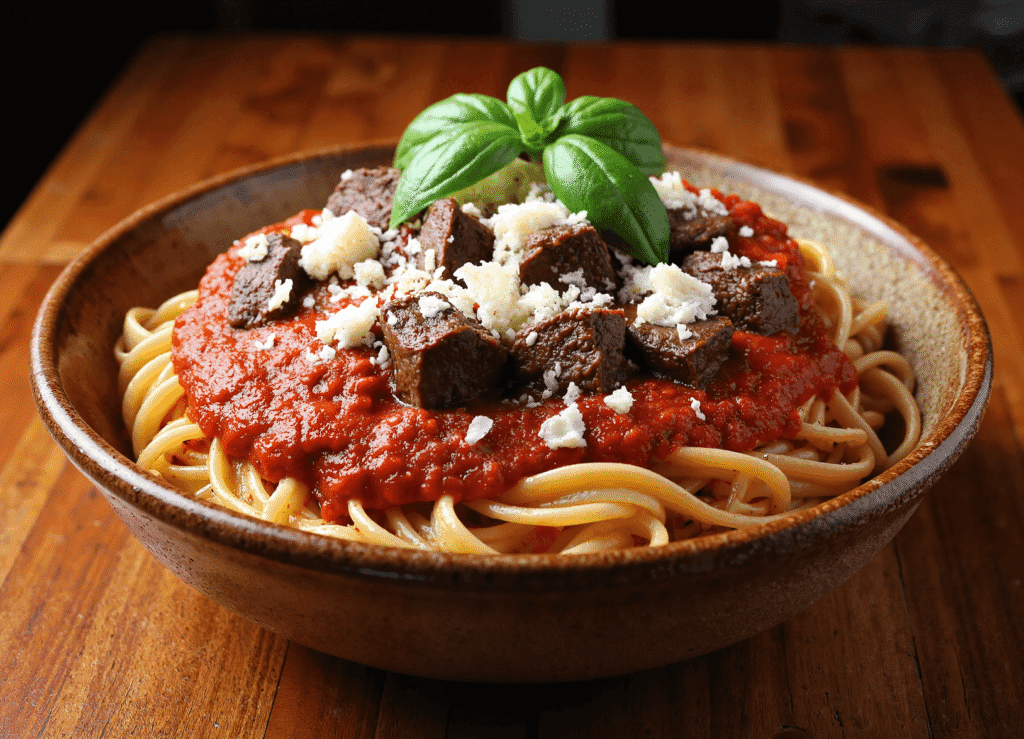 Bowl of pasta topped with slow-braised short rib ragu, rich tomato sauce, parmesan, and fresh basil.