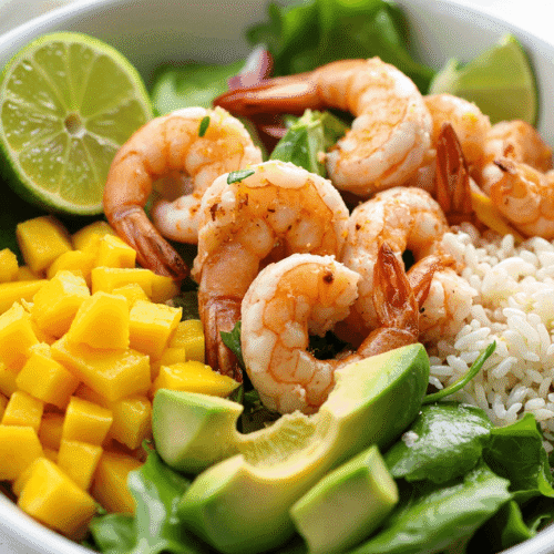 Fresh shrimp avocado mango bowl with rice, avocado slices, diced mango, and lime served over greens.
