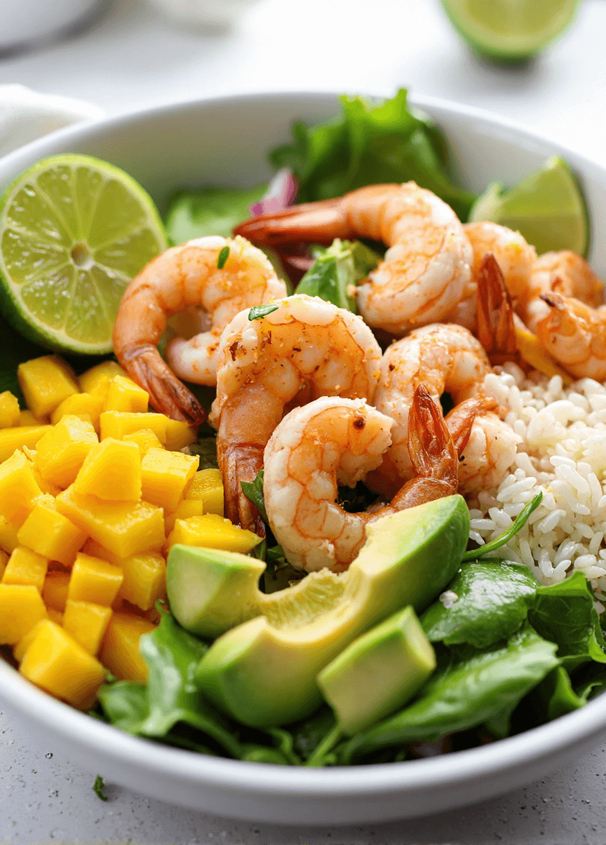 Fresh shrimp avocado mango bowl with rice, avocado slices, diced mango, and lime served over greens.