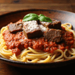 Pasta with braised short rib ragu, tomato sauce, parmesan cheese, and basil served on a dark plate.