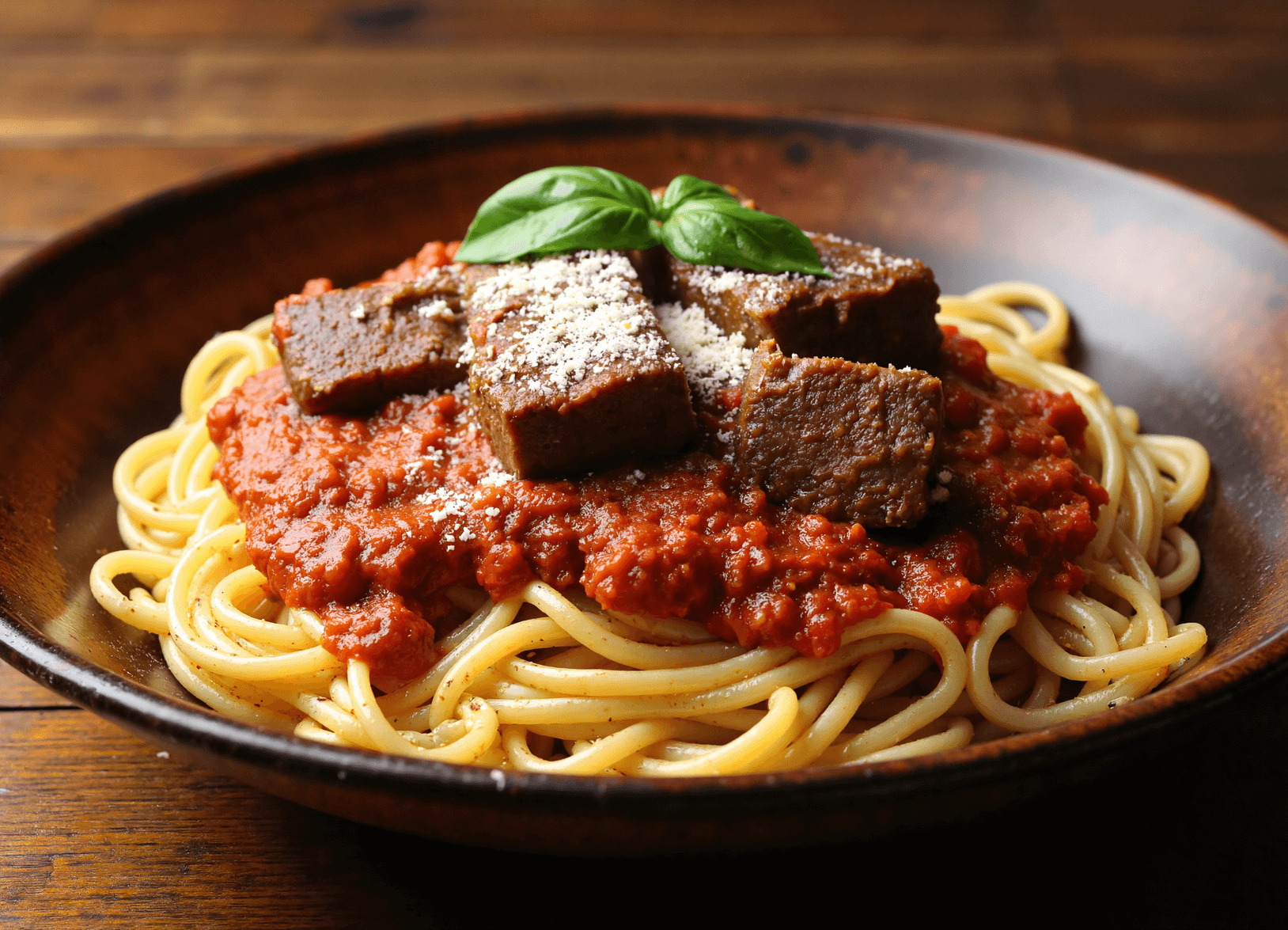 Pasta with braised short rib ragu, tomato sauce, parmesan cheese, and basil served on a dark plate.
