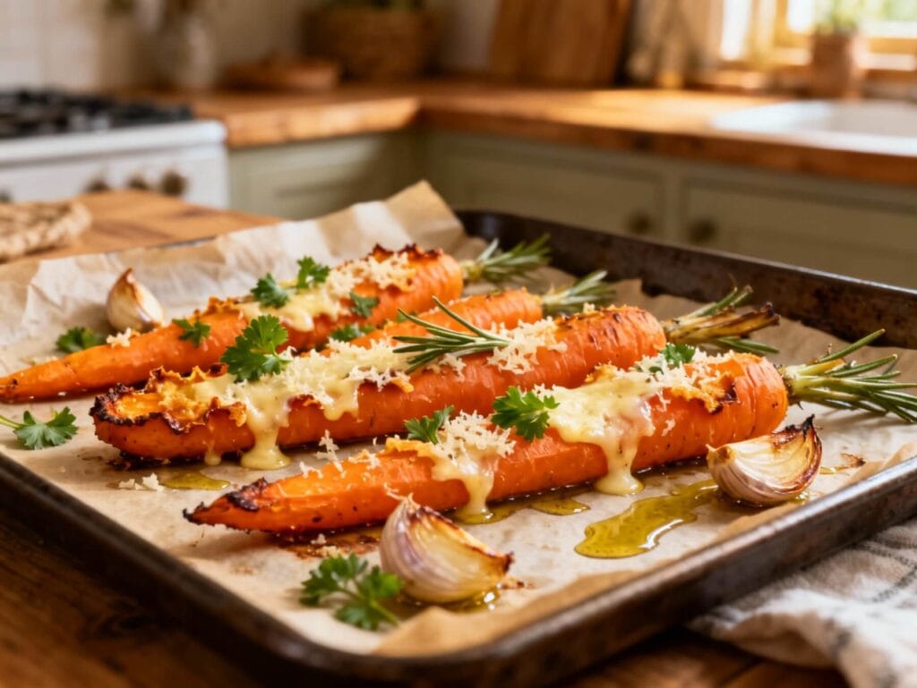 Crispy roasted smashed carrots with garlic, Parmesan, and fresh herbs on a baking tray.