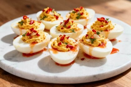 Deviled eggs topped with chili flakes, herbs, and drizzled with spicy Sriracha garlic sauce.