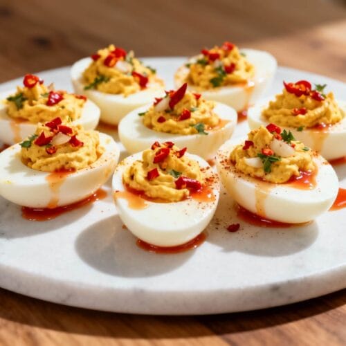 Deviled eggs topped with chili flakes, herbs, and drizzled with spicy Sriracha garlic sauce.