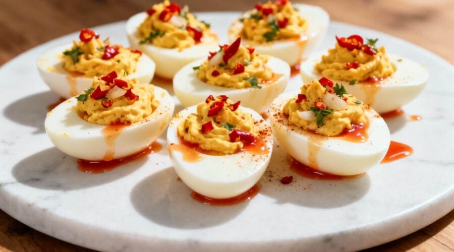 Deviled eggs topped with chili flakes, herbs, and drizzled with spicy Sriracha garlic sauce.