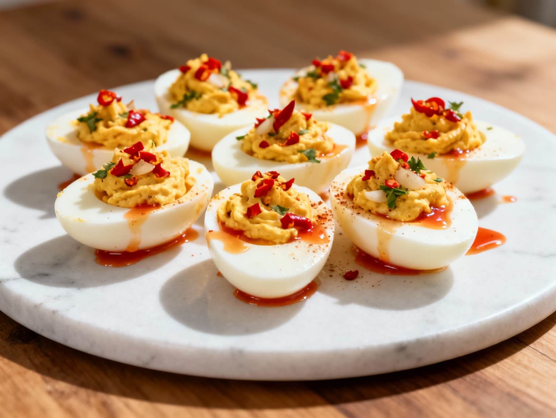 Deviled eggs topped with chili flakes, herbs, and drizzled with spicy Sriracha garlic sauce.