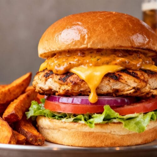 Grilled chipotle chicken burger with cheddar cheese, smoky chipotle sauce, lettuce, tomato, onion, and brioche bun served with sweet potato fries.